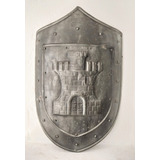 Escudo Medieval De Batalha Metal Cinza Estampado Com Torre