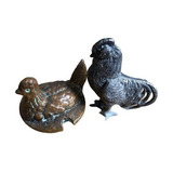 Escultura Galinha Galo Bronze Antigo Usado Mini Açucareiro