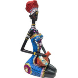 Escultura Mulher Africana Sentada Imagem Decoração Negra 