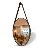 Espelho Adnet Redondo Grande 60cm Com Alça Em Couro Ecológico Café Eddias Sala Quarto Banheiro Hall Decoração Suporte Parede Pino