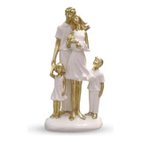 Estátua Família C/3 Filhos Branca C/ Ouro Design Minimalista