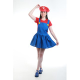 Fantasia Super Mario Bros Feminina Vestido Adulto Com Quepe