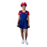 Fantasia Super Mario Bros Feminina Vestido Adulto Com Quepe