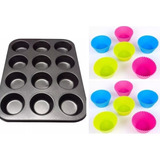 Forma Cupcake + 12 Forminhas Silicone Anti-aderente 12 Cava Cor Preto