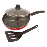 Frigideira Antiaderente 4 Ovos Tampa De Vidro 26cm Multiflon Cor Vermelho