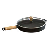 Frigideira Ferro Fundido Com Tampa Vidro Cabo Madeira 26cm Lib Cor Preto