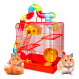 Gaiola De Hamster Com Casa Grande Completa 3 Andares Tubo Cor Vermelho