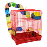Gaiola Hamster 3 Andares Colorida Com Casa Tubos Vermelha