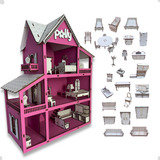 Grupo Paraíso Mdf Kit Casa De Boneca + 30 Moveis Em Mdf Pintado Cor Rosa