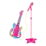 Guitarra Com Microfone E Pedestal Brinquedo Com Luz Som Rosa