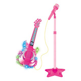 Guitarra Com Microfone Rock Show Com Luzes Coloridas Rosa