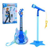 Guitarra Infantil Microfone Pedestal Karaokê Som Mp3 Azul