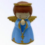 Imagem Anjinho Rezando Azul Em Biscuit Resina 7 Cm