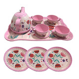 Jogo De Chá Café Infantil 14 Pç Metal Rosa Cozinha Brinquedo