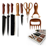 Jogo De Facas Chef Profissional 8 Pçs Cozinha Churrasco Inox Cor Marrom E Preto