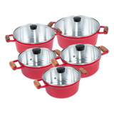 Jogo De Panela Aluminio Batido Fundido Grossa 5 Peças- Cava Cor Vermelha Tampa Vidro