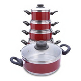 Jogo De Panelas Cacarolas 5 Pçs Tampa Vidro Color Aluminio Cor Vermelho