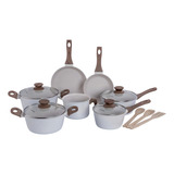 Jogo De Panelas De Cozinha Mimo Style Cook Fundo De Tripla Indução Com 10 Peças De Alumínio Marmol Vanila