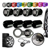 Jogo Fiat Antifurto Metal Preto Roda Válvula Bico Pneu Inox
