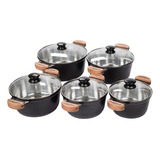 Jogo Panela 5 Peças Craqueada Fundida Aluminio Tampa Vidro Cor Preto