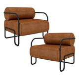 Kit 02 Poltronas Decorativa Pés Industrial Moscou K01 Couríssimo Caramelo