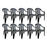 Kit 10 Cadeiras Plástica Preta Super Resistente Área Lazer Poltrona