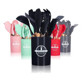 Kit 12 Utensilios Cozinha Colheres De Silicones Cabo Madeira