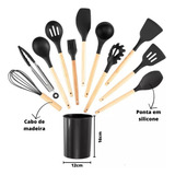 Kit 12 Utensílios De Cozinha Em Silicone E Cabo De Madeira