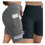 Kit 2 Bermuda Fitness Feminina C Bolso Para Celular Academia