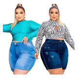Kit 2 Bermudas Plus Size Feminina Meia Coxa Jeans Com Lycra