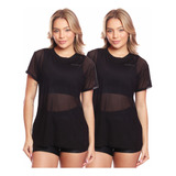 Kit 2 Blusas Manga Curta Tule Transparente Treino Academia