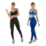 Kit 2 Conjuntos Fitness Top Alça Fina + Calça Legging Suplex