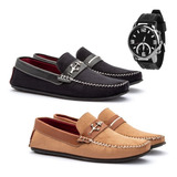 Kit 2 Pares De Mocassim Masculino Conforto +relógio Ponteiro