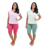 Kit 2 Pijama Pescador Calça Capri Calor Manga Curta Bermuda