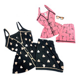 Kit 2 Pijamas Feminino Alça Baby Doll Americano Botões Verão