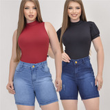 Kit 2 Short Feminina Meia Coxa Jeans Lycra Empina Bumbum