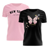 Kit 2 Tshirt Blusa Feminina Camiseta Borboleta New York