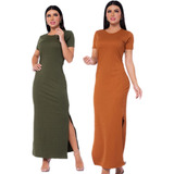 Kit 2 Vestidos Longo Canelado Manga Curta Lindos