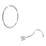 Kit 2x Piercings De Nariz Prata 925 Nostril Argola Zirconia