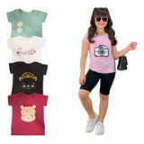 Kit 3 Blusas Camiseta Infantil Bordadas Menina 4 Ao 10