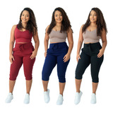 Kit 3 Calça Capri Corsário Feminina Cintura Alta Elastano