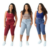 Kit 3 Calça Corsário Feminina Cintura Alta Com Elastano