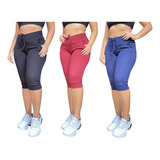 Kit 3 Calça Corsário Feminina Cintura Alta Com Elastano