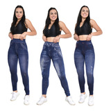 Kit 3 Calça Legging Fake Imita Jeans Interior Aveludado Azul