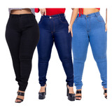 Kit 3 Calças Jeans Skinny Plus Size Feminina Cós Alto Estica
