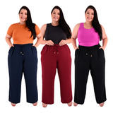 Kit 3 Calças Pantalona Plus Size Feminina Cintura Alta Bolso