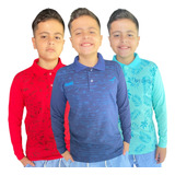Kit 3 Camisas Polo Manga Longa Infantil 100% Algodão Oferta