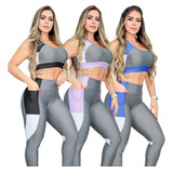 Kit 3 Conjunto Fitness Feminino Top Calça Com Bolso Premium