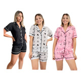 Kit 3 Conjuntos Americano Pijama Aberto Botões Short Verão