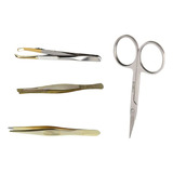Kit 3 Pinças Solingen + 1 Tesoura P/ Design De Sobrancelhas